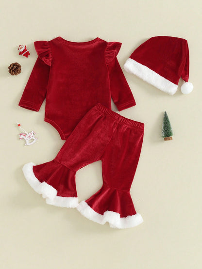 Baby Girl My 1st Christmas Outfits Letter Long Sleeve Romper Tops+Bell Bottom Pants+Headband 3 Pcs Clothes Set Toddler Baby Girl Christmas Outfits Letter Ruffle Long Sleeve Romper Flare Pants Sets New