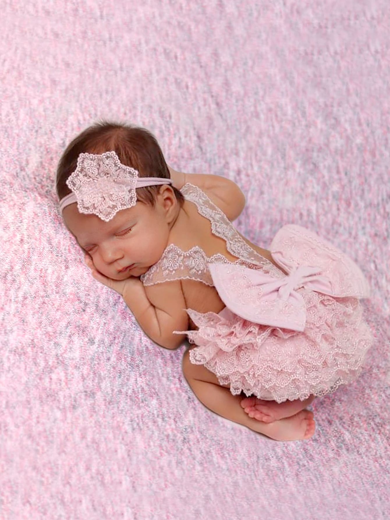 Baby Girl Newborn Contrast Lace Bow Back Bodysuit & Headband Photography Prop