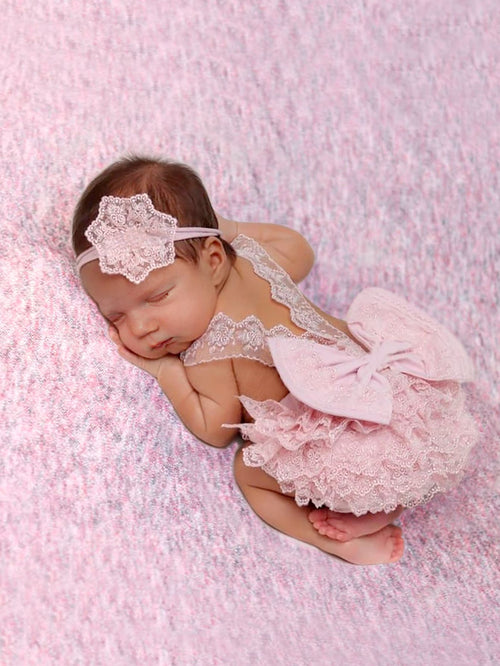 Baby Girl Newborn Contrast Lace Bow Back Bodysuit & Headband Photography Prop