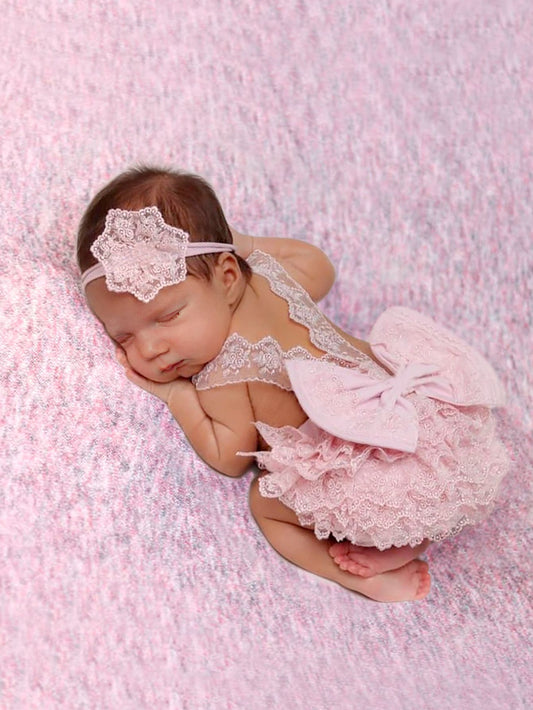 Baby Girl Newborn Contrast Lace Bow Back Bodysuit & Headband Photography Prop