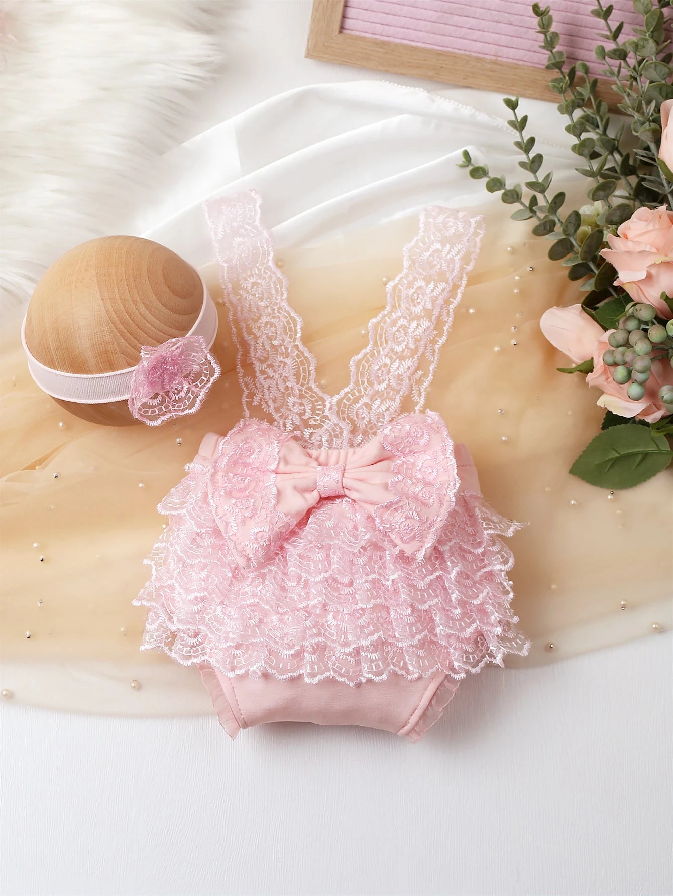 Baby Girl Newborn Contrast Lace Bow Back Bodysuit & Headband Photography Prop
