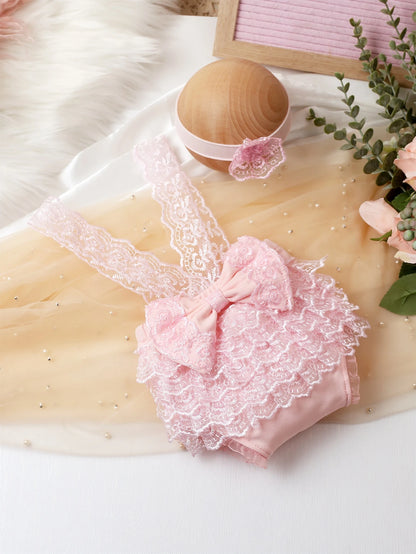 Baby Girl Newborn Contrast Lace Bow Back Bodysuit & Headband Photography Prop