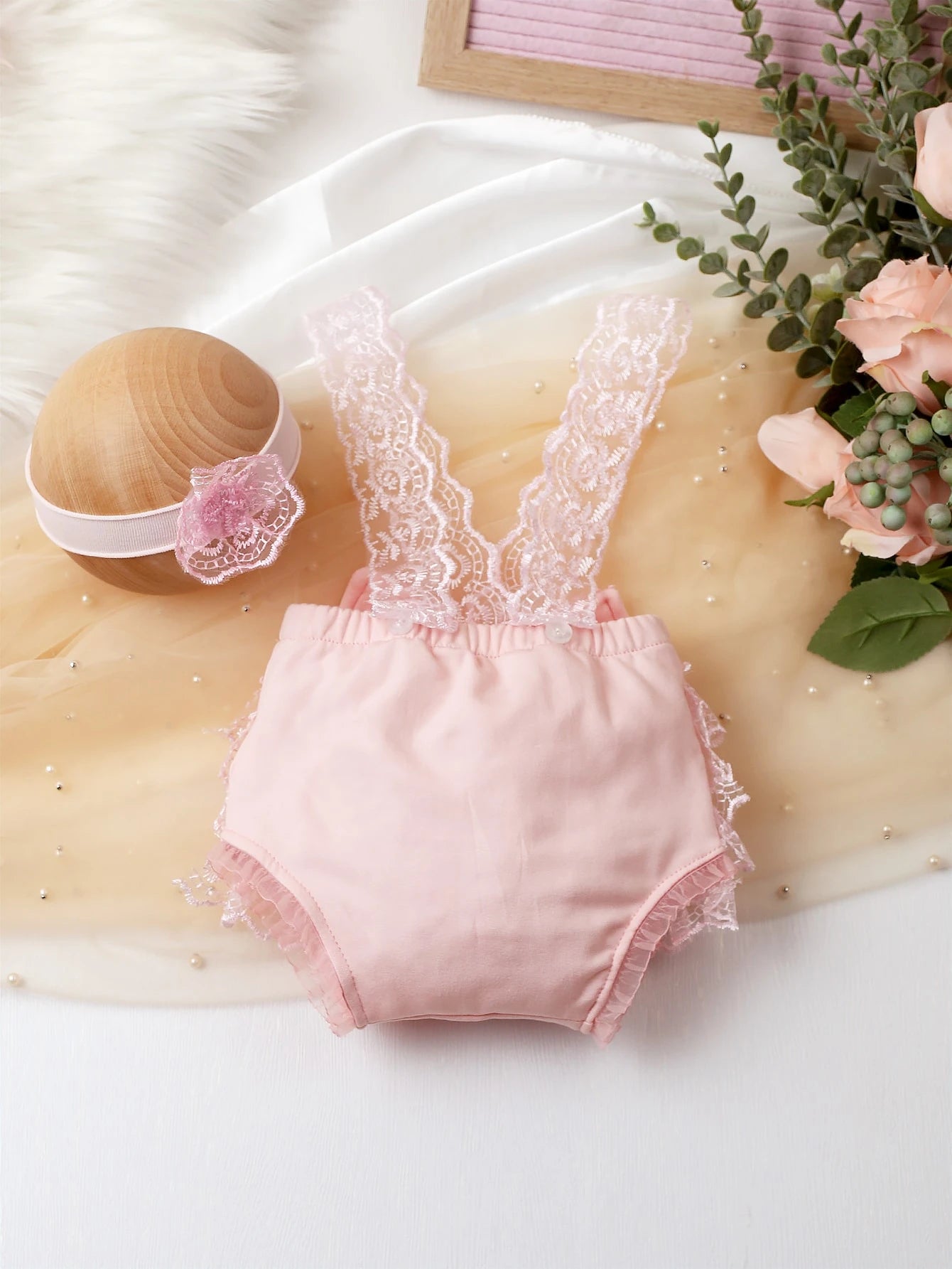 Baby Girl Newborn Contrast Lace Bow Back Bodysuit & Headband Photography Prop