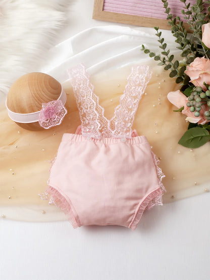 Baby Girl Newborn Contrast Lace Bow Back Bodysuit & Headband Photography Prop