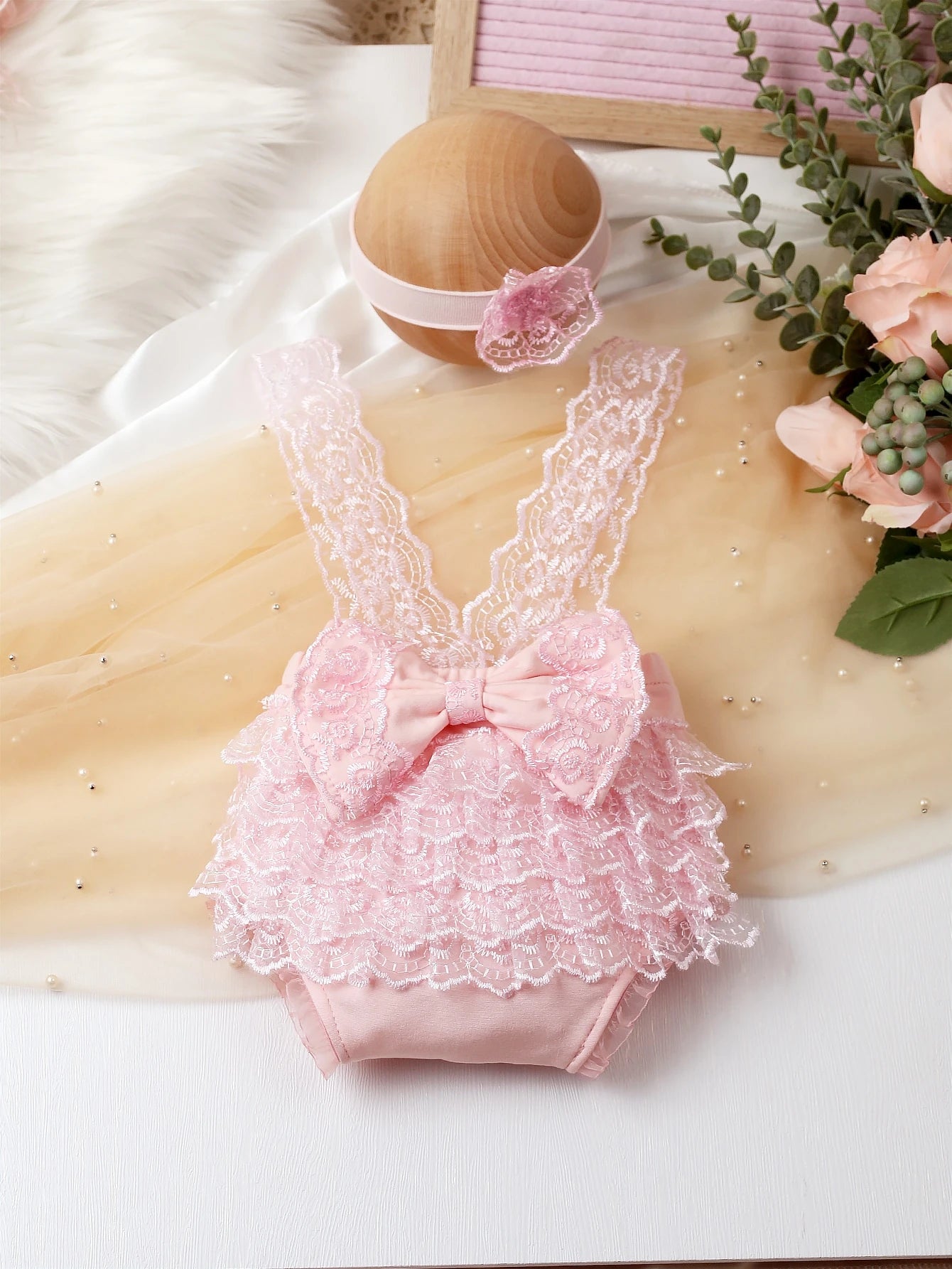 Baby Girl Newborn Contrast Lace Bow Back Bodysuit & Headband Photography Prop