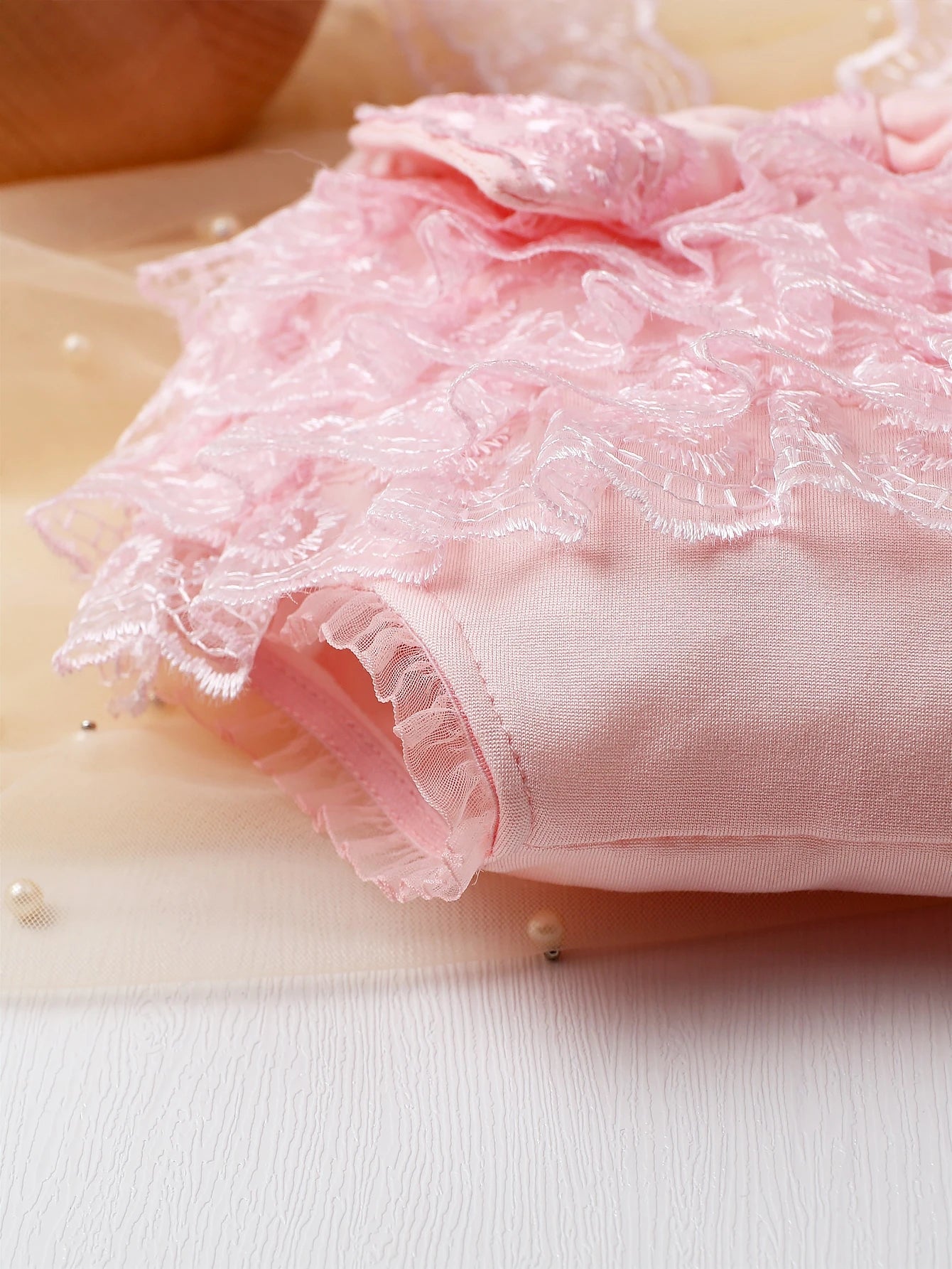 Baby Girl Newborn Contrast Lace Bow Back Bodysuit & Headband Photography Prop