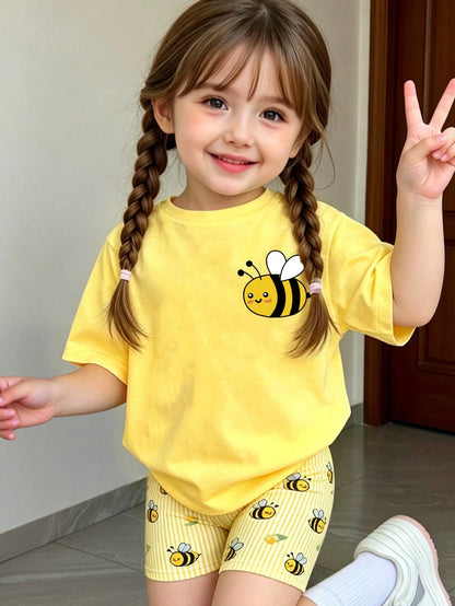 Baby Girl Pastel Yellow Summer Casual Cute Cartoon Bee Print T-Shirt & Bike Shorts Set,Soft Flower Pattern Athleisure Wear For Daily Work Home