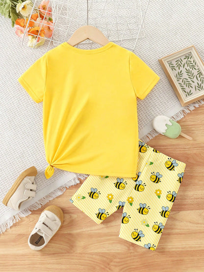 Baby Girl Pastel Yellow Summer Casual Cute Cartoon Bee Print T-Shirt & Bike Shorts Set,Soft Flower Pattern Athleisure Wear For Daily Work Home