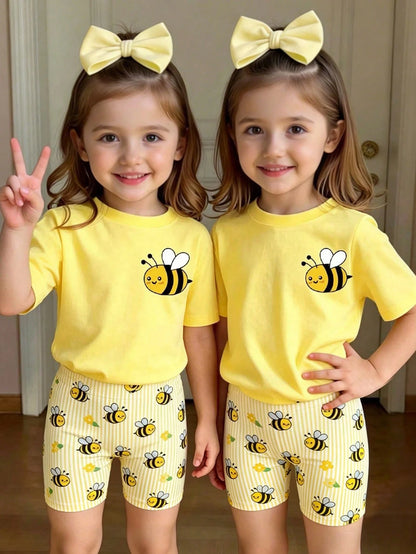 Baby Girl Pastel Yellow Summer Casual Cute Cartoon Bee Print T-Shirt & Bike Shorts Set,Soft Flower Pattern Athleisure Wear For Daily Work Home