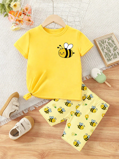 Baby Girl Pastel Yellow Summer Casual Cute Cartoon Bee Print T-Shirt & Bike Shorts Set,Soft Flower Pattern Athleisure Wear For Daily Work Home