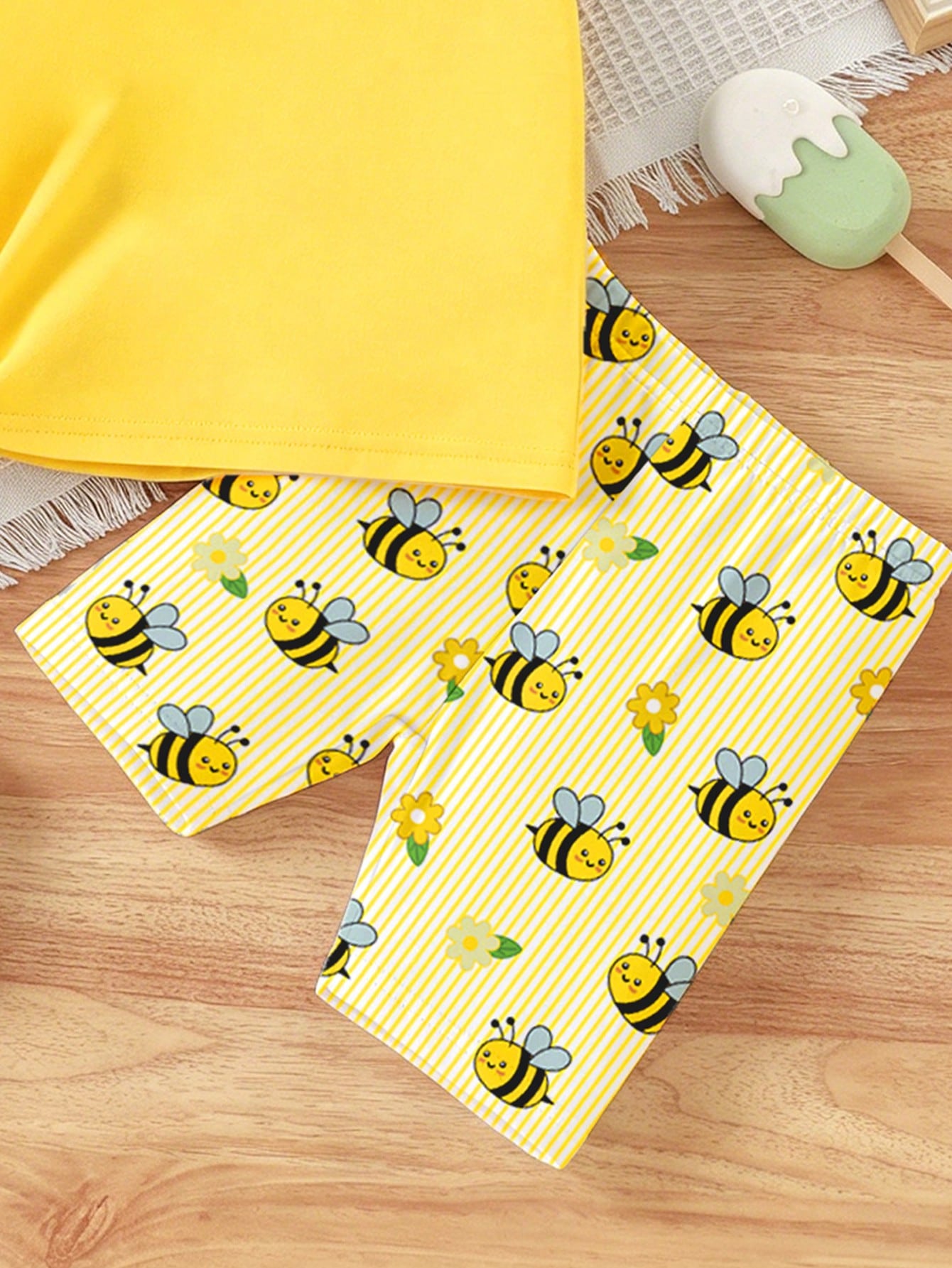 Baby Girl Pastel Yellow Summer Casual Cute Cartoon Bee Print T-Shirt & Bike Shorts Set,Soft Flower Pattern Athleisure Wear For Daily Work Home