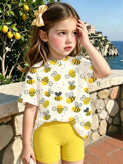 Baby Girl Pastel Yellow Summer Casual Cute Cartoon Bee Print T-Shirt & Bike Shorts Set,Soft Flower Pattern Athleisure Wear For Daily Work Home