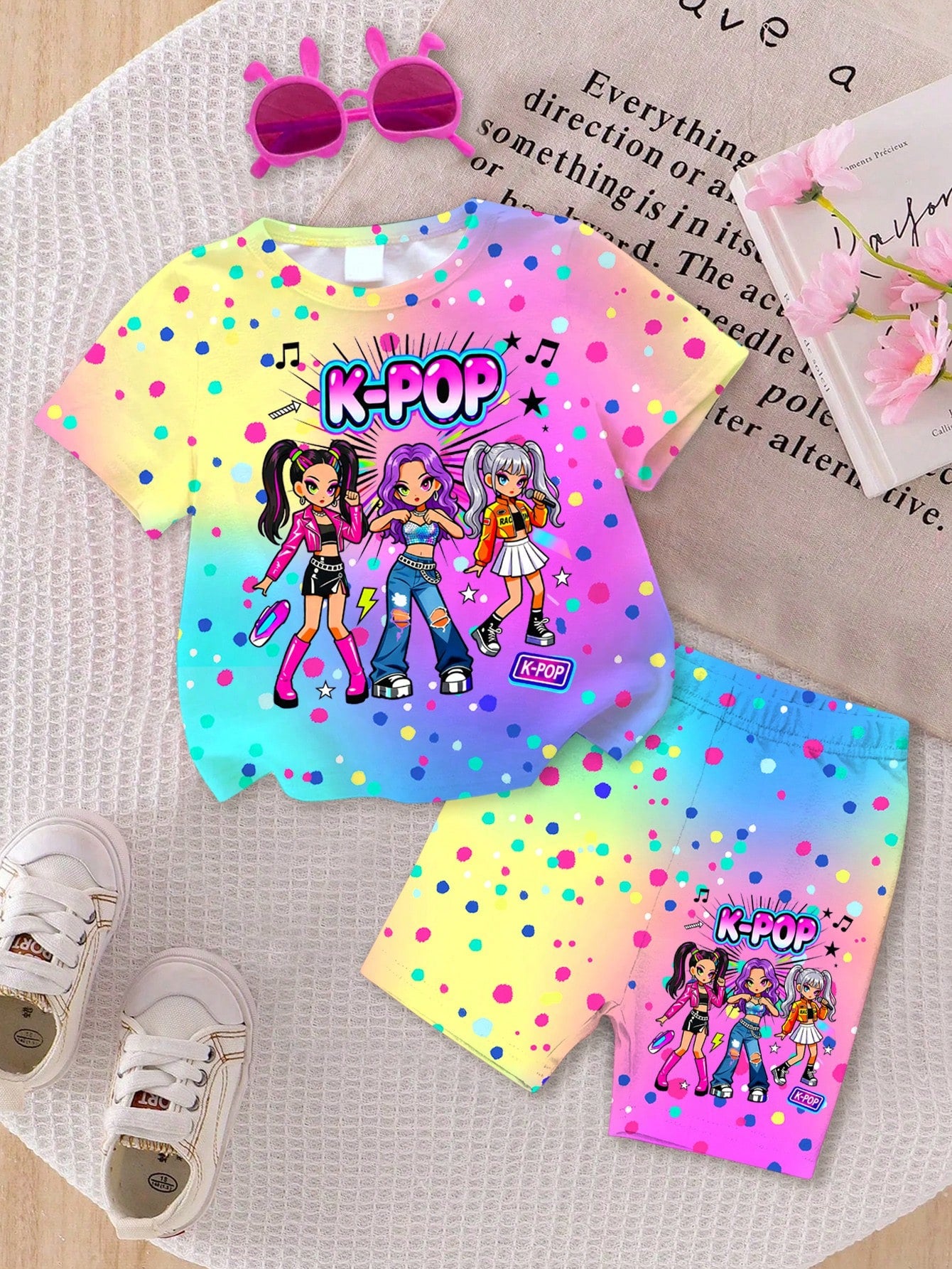 Baby Girl Round Neck Letter Cartoon Print Short Sleeve T-Shirt And Shorts Casual Daily Set