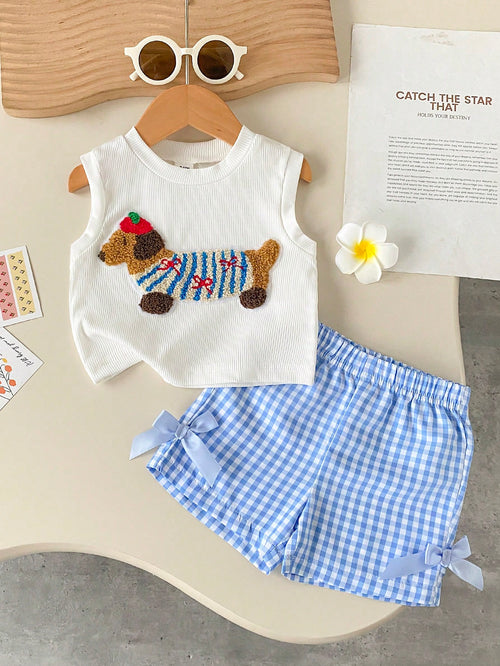 Baby Girl Summer Blue Textured Sleeveless Top And Blue Plaid Shorts Set, Decorated With Blue Bow, Essential Daily Outfit