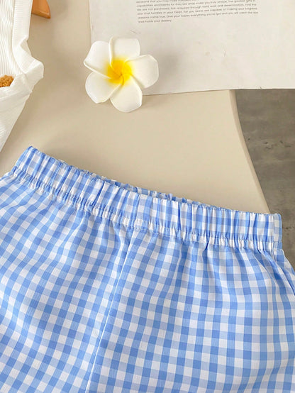 Baby Girl Summer Blue Textured Sleeveless Top And Blue Plaid Shorts Set, Decorated With Blue Bow, Essential Daily Outfit