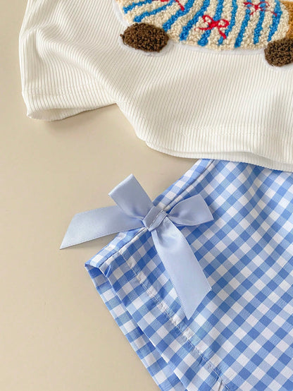 Baby Girl Summer Blue Textured Sleeveless Top And Blue Plaid Shorts Set, Decorated With Blue Bow, Essential Daily Outfit