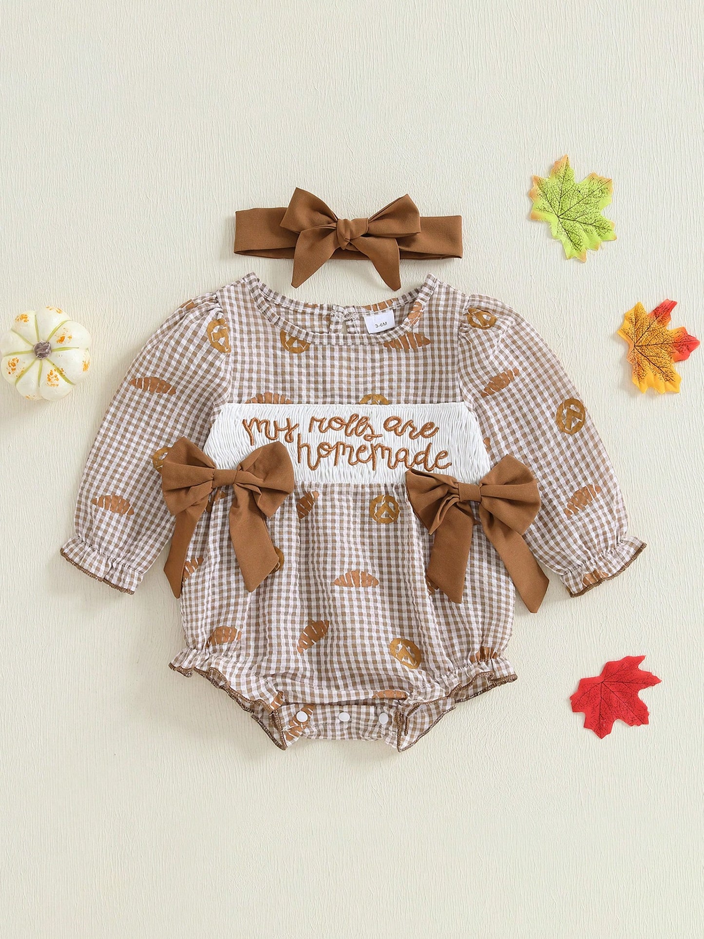 Baby Girl Thanksgiving Outfit My Rolls Are Homemade Bread Smocked Bubble Romper Fall Plaid Bodysuit Headband