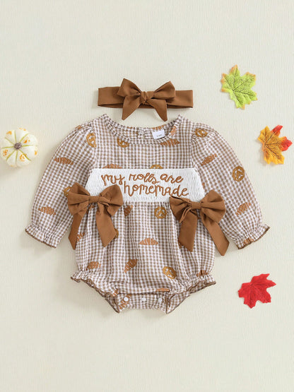 Baby Girl Thanksgiving Outfit My Rolls Are Homemade Bread Smocked Bubble Romper Fall Plaid Bodysuit Headband