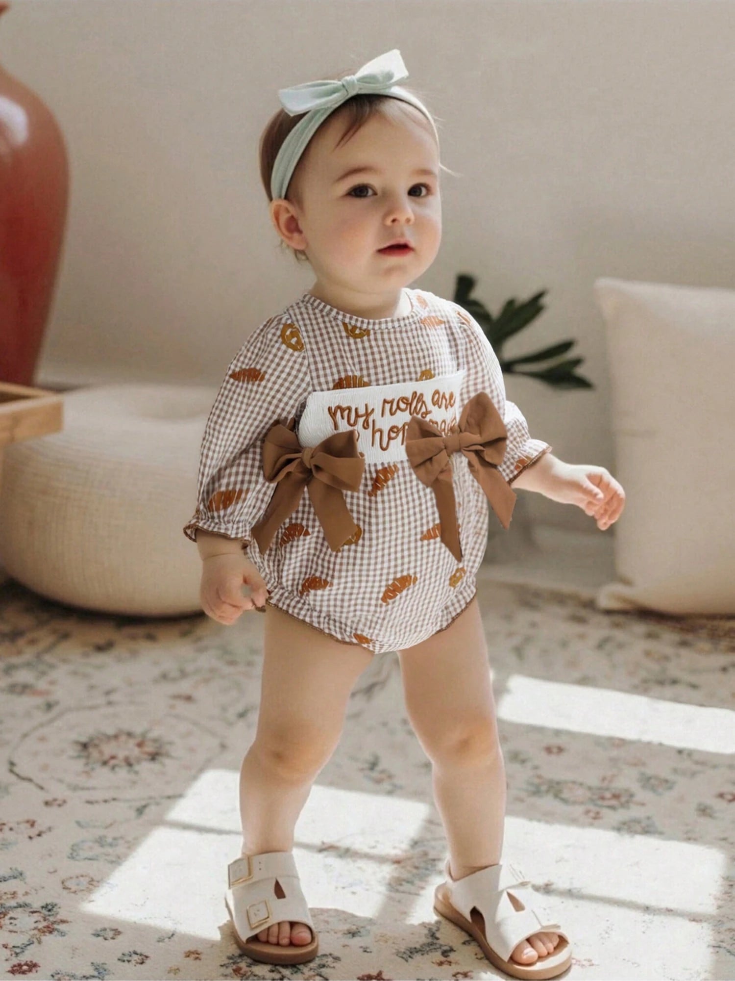 Baby Girl Thanksgiving Outfit My Rolls Are Homemade Bread Smocked Bubble Romper Fall Plaid Bodysuit Headband