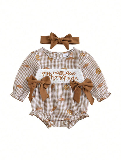 Baby Girl Thanksgiving Outfit My Rolls Are Homemade Bread Smocked Bubble Romper Fall Plaid Bodysuit Headband