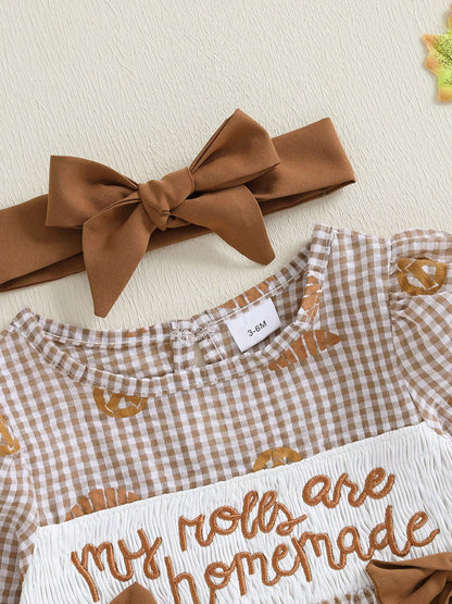 Baby Girl Thanksgiving Outfit My Rolls Are Homemade Bread Smocked Bubble Romper Fall Plaid Bodysuit Headband