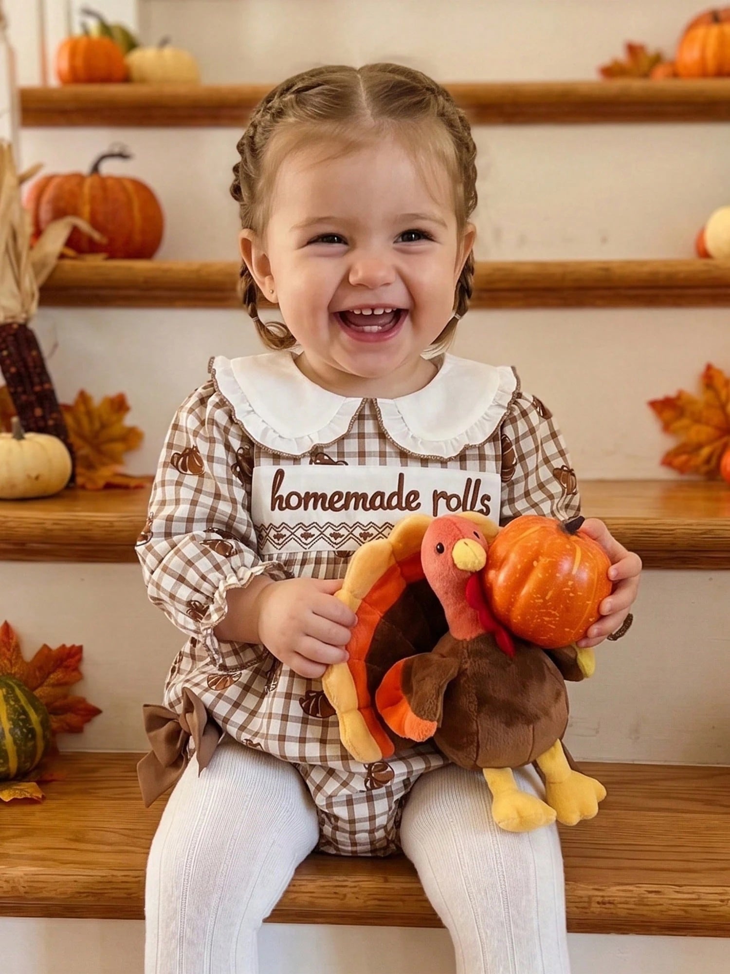 Baby Girl Thanksgiving Outfit Turkey Bubble Romper Long Sleeve Doll Collar Plaid Jumpsuit Boutique Fall Clothes