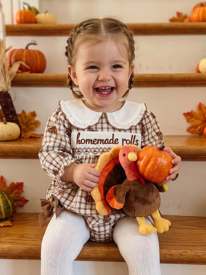 Baby Girl Thanksgiving Outfit Turkey Bubble Romper Long Sleeve Doll Collar Plaid Jumpsuit Boutique Fall Clothes