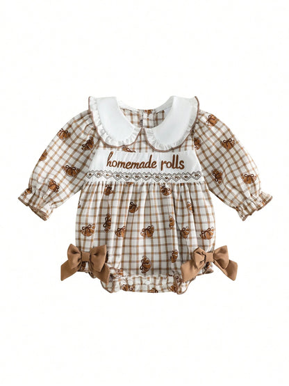 Baby Girl Thanksgiving Outfit Turkey Bubble Romper Long Sleeve Doll Collar Plaid Jumpsuit Boutique Fall Clothes
