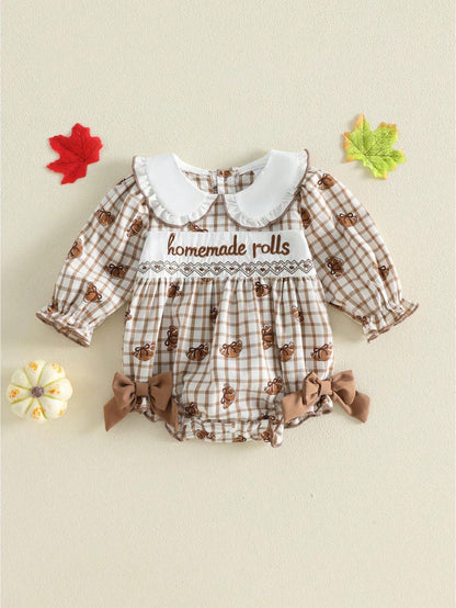Baby Girl Thanksgiving Outfit Turkey Bubble Romper Long Sleeve Doll Collar Plaid Jumpsuit Boutique Fall Clothes