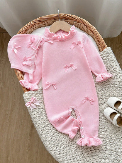 Baby Girls 2pcs Pink Set, Newborn Sweater Romper, Elegant Sweet Design Puff Sleeve Pink Bow, Baby Girl Jumpsuit, Baby Girl Long Sleeve Romper, Autumn/Winter Baby Knitwear, Comfortable Newborn Ba
