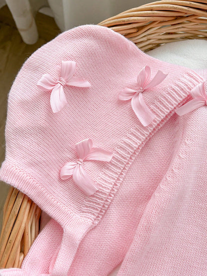 Baby Girls 2pcs Pink Set, Newborn Sweater Romper, Elegant Sweet Design Puff Sleeve Pink Bow, Baby Girl Jumpsuit, Baby Girl Long Sleeve Romper, Autumn/Winter Baby Knitwear, Comfortable Newborn Ba