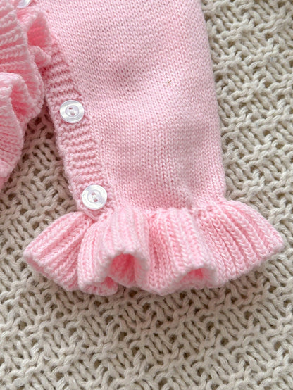 Baby Girls 2pcs Pink Set, Newborn Sweater Romper, Elegant Sweet Design Puff Sleeve Pink Bow, Baby Girl Jumpsuit, Baby Girl Long Sleeve Romper, Autumn/Winter Baby Knitwear, Comfortable Newborn Ba
