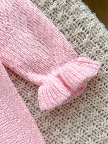 Baby Girls 2pcs Pink Set, Newborn Sweater Romper, Elegant Sweet Design Puff Sleeve Pink Bow, Baby Girl Jumpsuit, Baby Girl Long Sleeve Romper, Autumn/Winter Baby Knitwear, Comfortable Newborn Ba