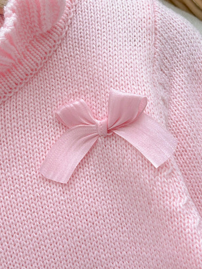 Baby Girls 2pcs Pink Set, Newborn Sweater Romper, Elegant Sweet Design Puff Sleeve Pink Bow, Baby Girl Jumpsuit, Baby Girl Long Sleeve Romper, Autumn/Winter Baby Knitwear, Comfortable Newborn Ba