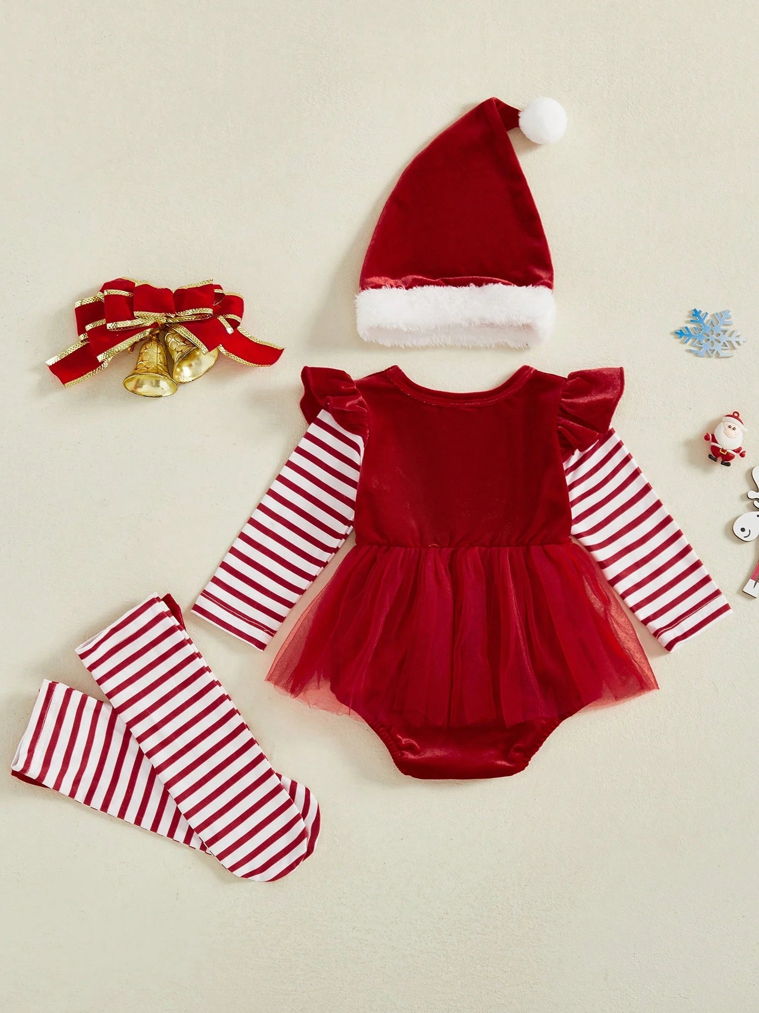 Baby Girls Christmas Rompers Outfit Cute Long Sleeve Round Neck Striped Jumpsuit Hat Leg Warmers 3 Piece Set