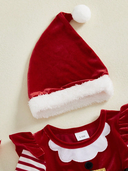 Baby Girls Christmas Rompers Outfit Cute Long Sleeve Round Neck Striped Jumpsuit Hat Leg Warmers 3 Piece Set