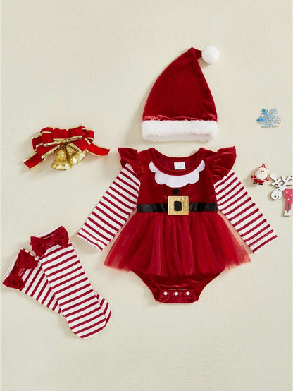 Baby Girls Christmas Rompers Outfit Cute Long Sleeve Round Neck Striped Jumpsuit Hat Leg Warmers 3 Piece Set