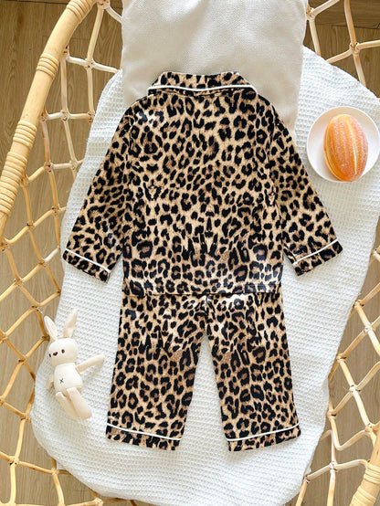 Baby Girls' Cute Leopard Print Lapel Long Sleeve Pajama Set