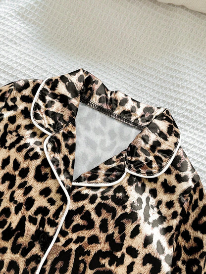 Baby Girls' Cute Leopard Print Lapel Long Sleeve Pajama Set
