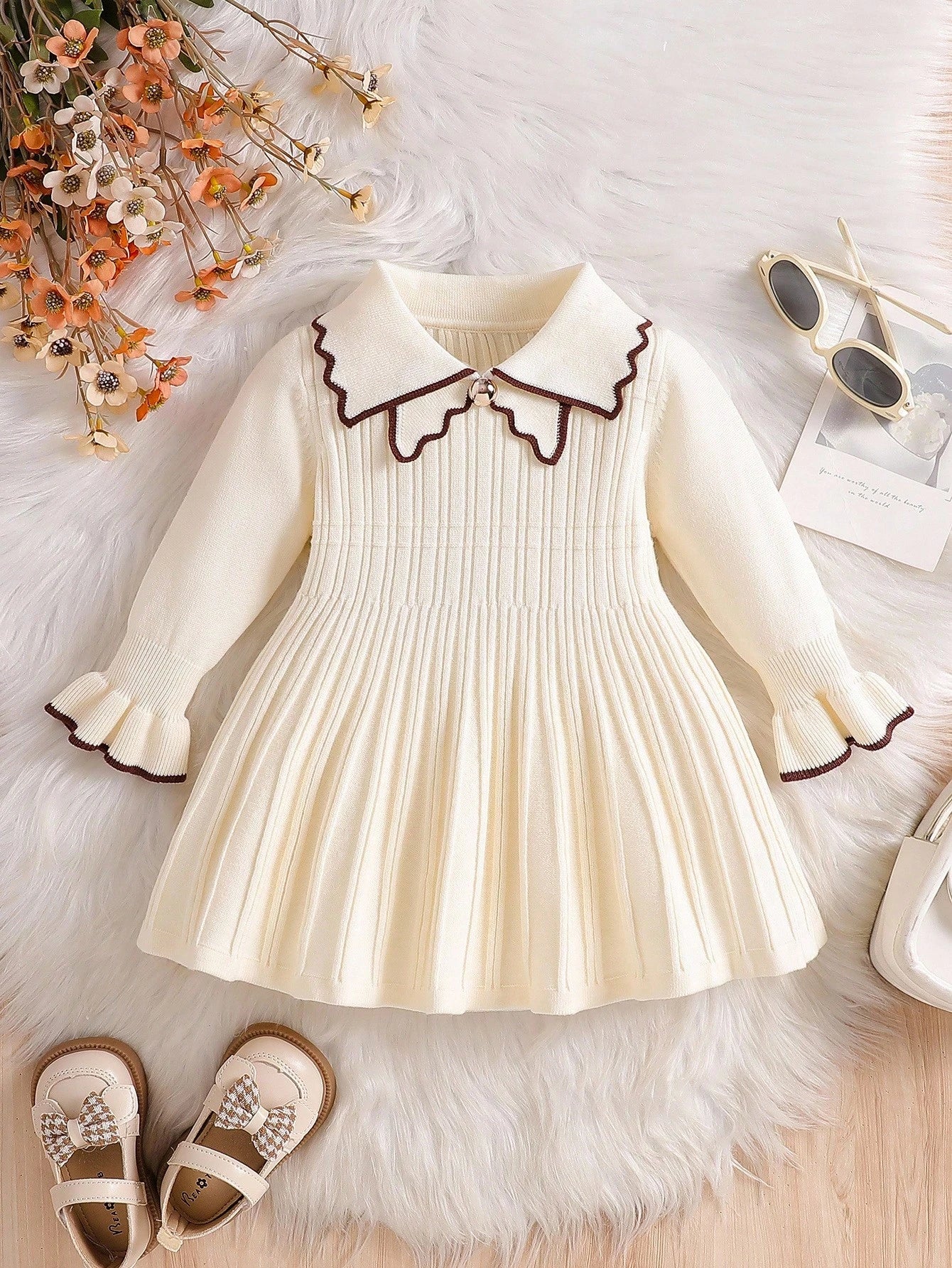 Baby Girls Elegant Knitted Dress,Autumn Coffee Brown School Style Long Sleeve Lapel Big Skirt Sweater Dress,Vintage Embroidered Matching Family