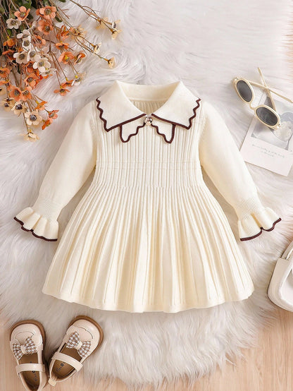 Baby Girls Elegant Knitted Dress,Autumn Coffee Brown School Style Long Sleeve Lapel Big Skirt Sweater Dress,Vintage Embroidered Matching Family