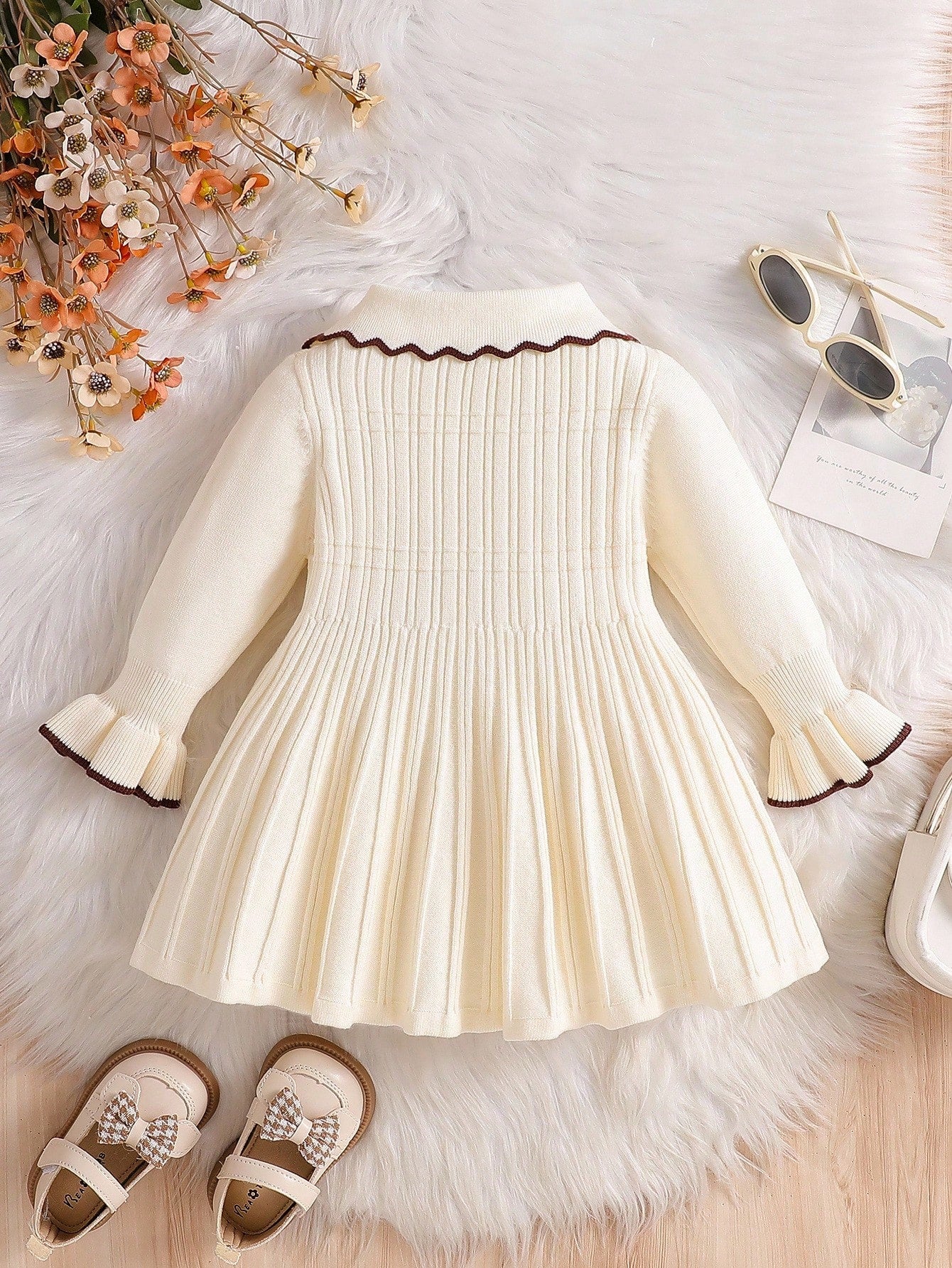 Baby Girls Elegant Knitted Dress,Autumn Coffee Brown School Style Long Sleeve Lapel Big Skirt Sweater Dress,Vintage Embroidered Matching Family