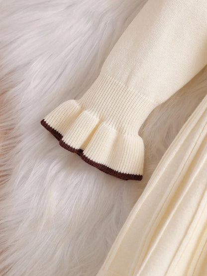 Baby Girls Elegant Knitted Dress,Autumn Coffee Brown School Style Long Sleeve Lapel Big Skirt Sweater Dress,Vintage Embroidered Matching Family