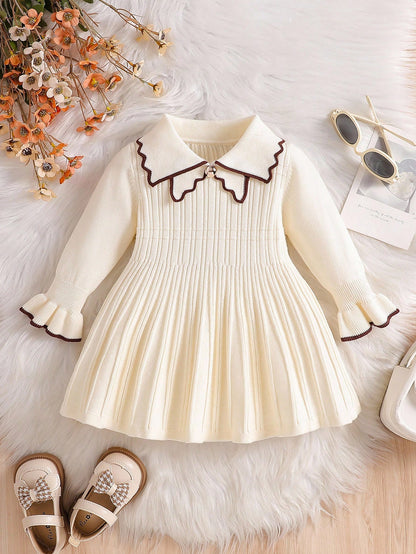 Baby Girls Elegant Knitted Dress,Autumn Coffee Brown School Style Long Sleeve Lapel Big Skirt Sweater Dress,Vintage Embroidered Matching Family