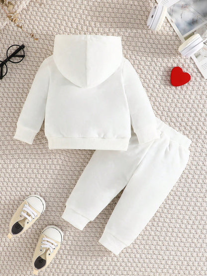 Baby Girls' Fashion Casual Heart Pattern Solid Color Hooded Sweatshirt And Pants Set, Spring & Autumn