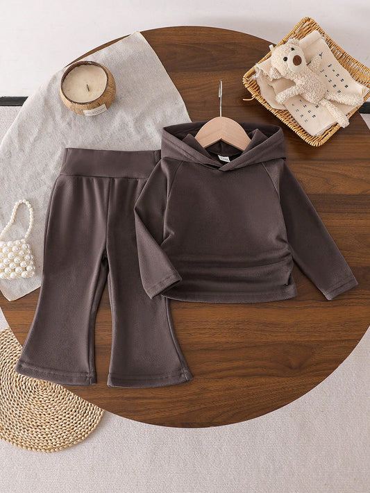 Baby Girls' Fashion Hooded Long Sleeve Sweatshirt And Flared Pants Set Brown Toddler Outfit Toddler Two Piece Sets