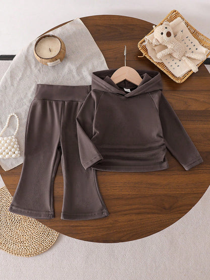 Baby Girls' Fashion Hooded Long Sleeve Sweatshirt And Flared Pants Set Brown Toddler Outfit Toddler Two Piece Sets