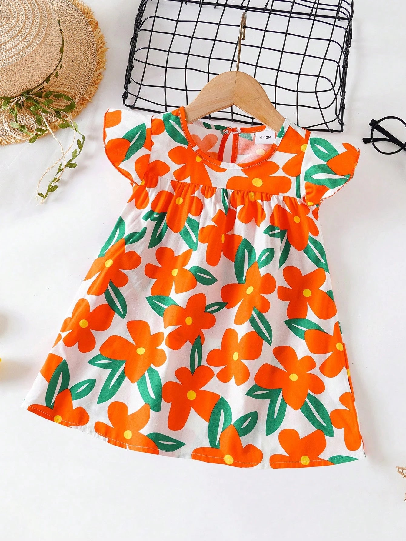 Baby Girls' Floral Print Dress, Infant Short Sleeve Cute Princess Dress