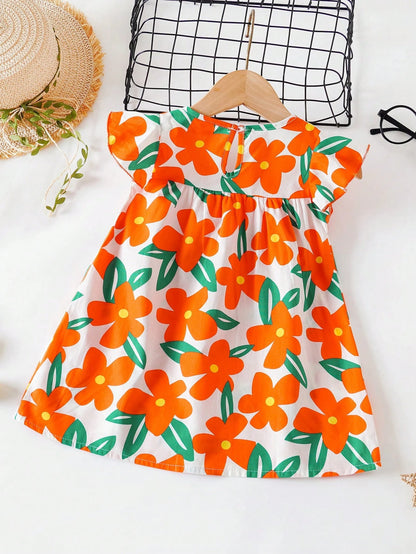 Baby Girls' Floral Print Dress, Infant Short Sleeve Cute Princess Dress