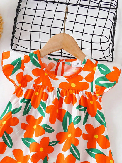 Baby Girls' Floral Print Dress, Infant Short Sleeve Cute Princess Dress